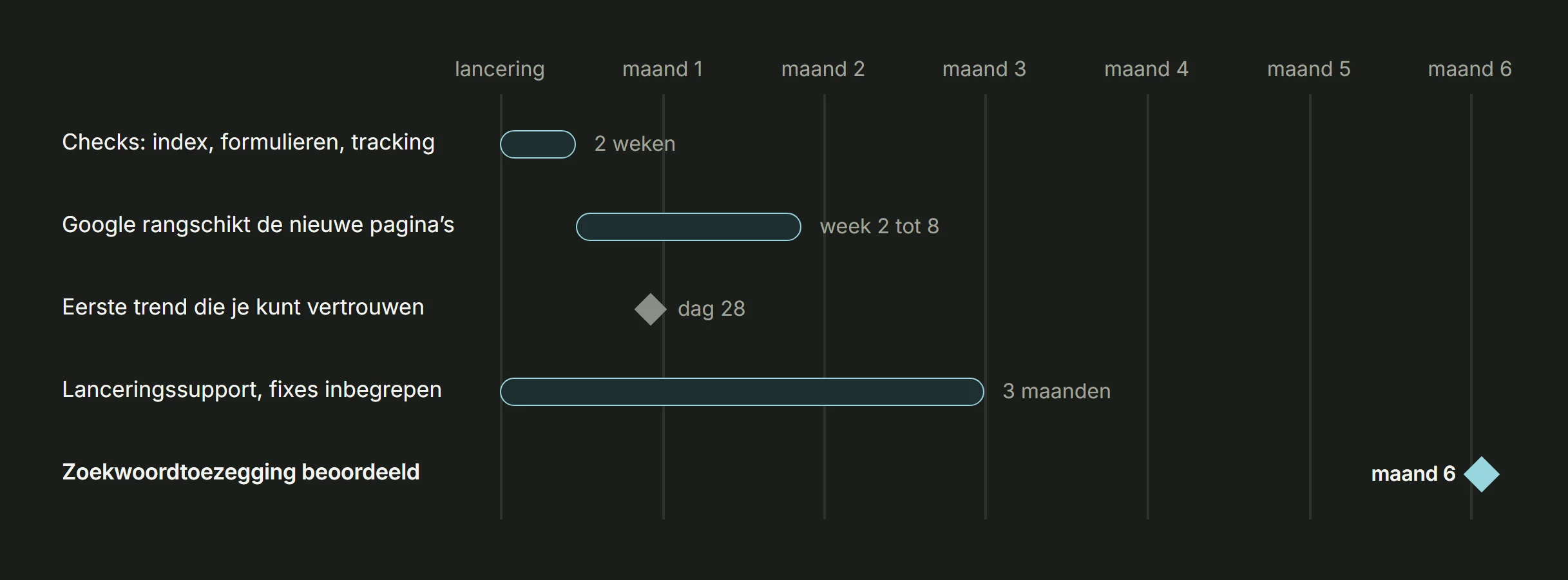 Na de lancering: checks in week 1 en 2, Google herrangschikt in week 2 tot 8, eerste betrouwbare trend op dag 28, 3 maanden support, zoekwoordtoezegging beoordeeld in maand 6